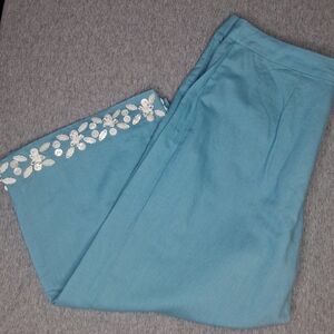 Spenser Jeremy Linen Cotton Turquoise Shell Embellished Crop Pants Coastal 6